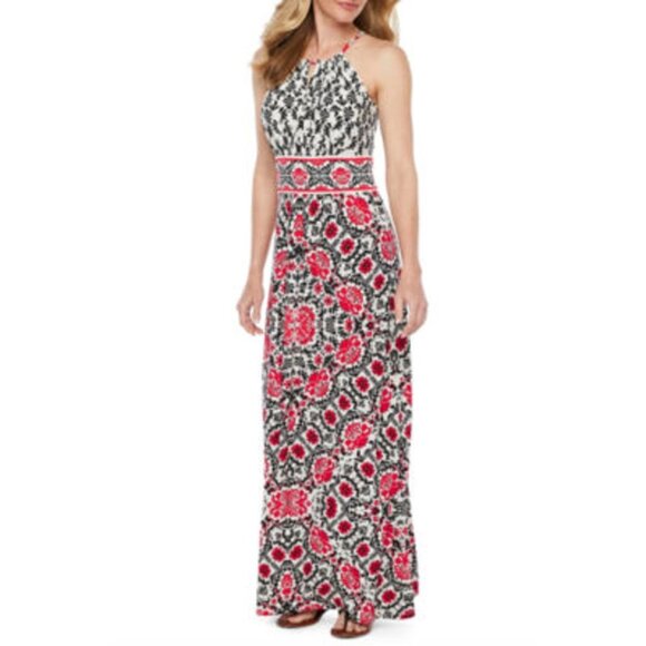 London Style Red Black Floral Print Keyhole Halter Maxi Dress Size 18 2X Plus - Picture 1 of 6